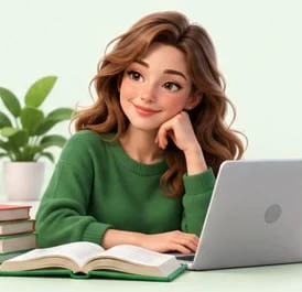 Девушка учится за ноутбуком с книгами