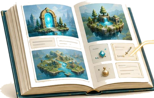 Раскрытая книга-комикс с игровыми локациями