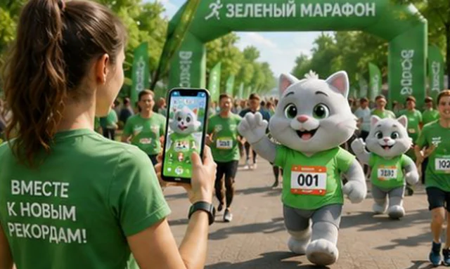 Зелёный марафон: участница со смартфоном и AR-персонажем
