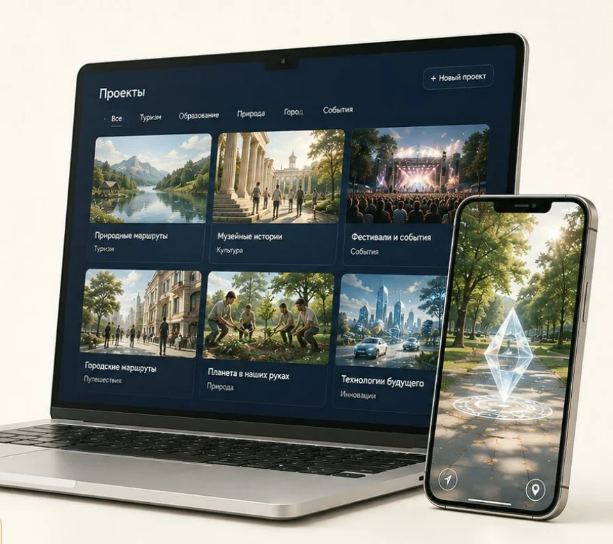 Платформа «Волшебный мир» на ноутбуке и смартфоне: витрина проектов и AR-режим