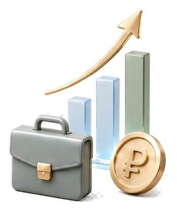 A briefcase, a growth chart and a coin