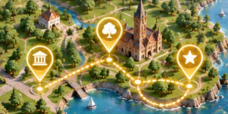 Карта с метками и светящимся маршрутом